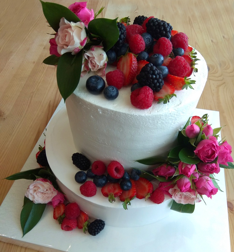 торт, кремовое, покрытие, ягоды, цветы