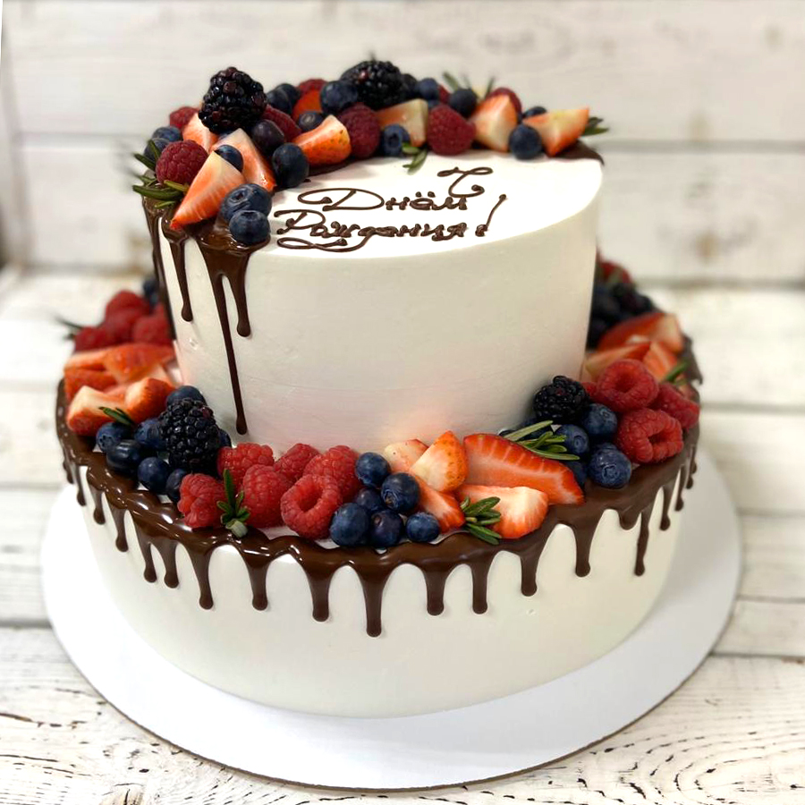 торт, двухъярусный, ягоды, день рождения