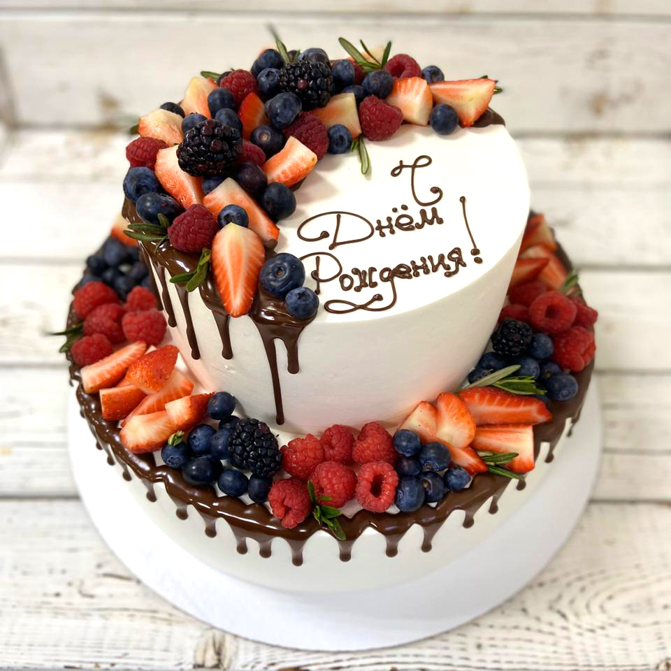 торт, двухъярусный, ягоды, день рождения