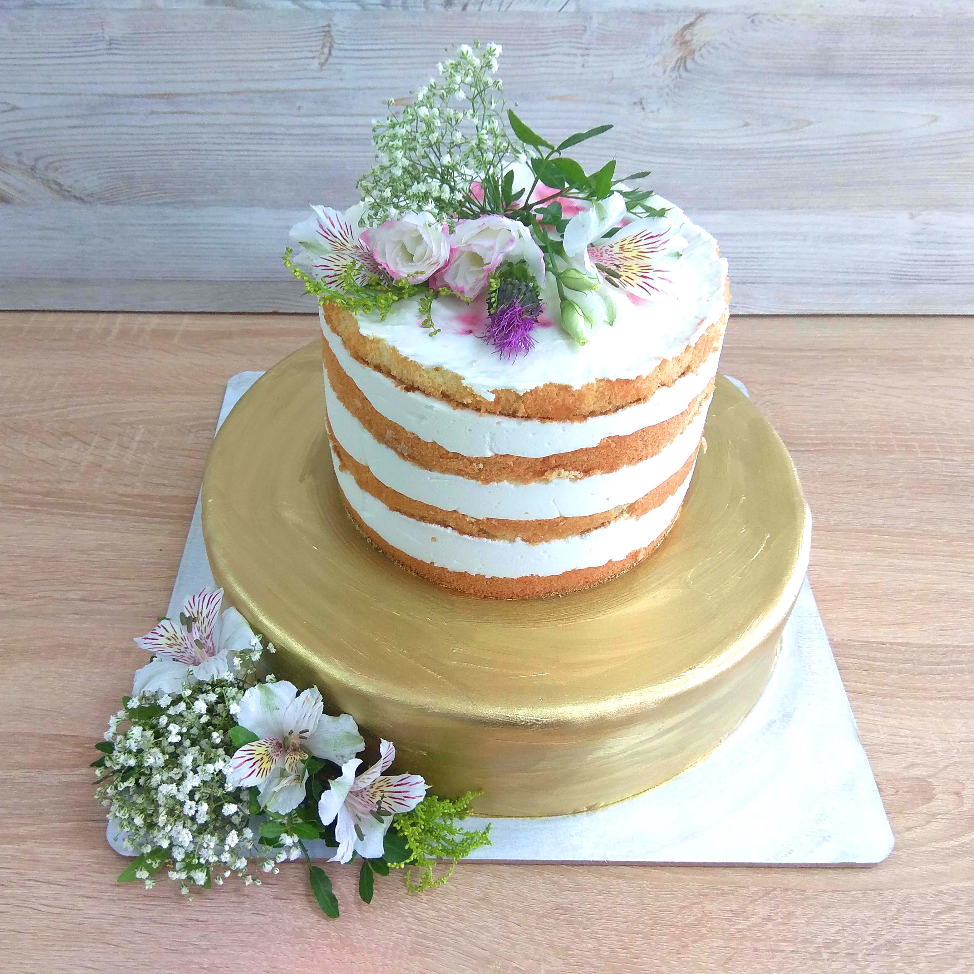 торт, свадебный, 2 яруса, золотой. открытый, цветы